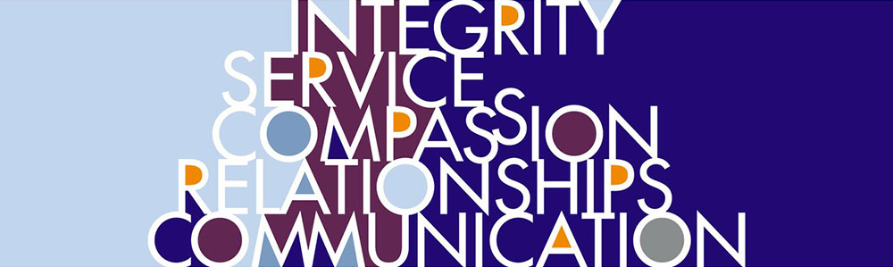 Firm sign reading Integrity Service Compassion Relationships Communication